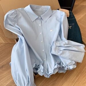 Light Blue Ruffle Hem Puff Sleeve Shirt